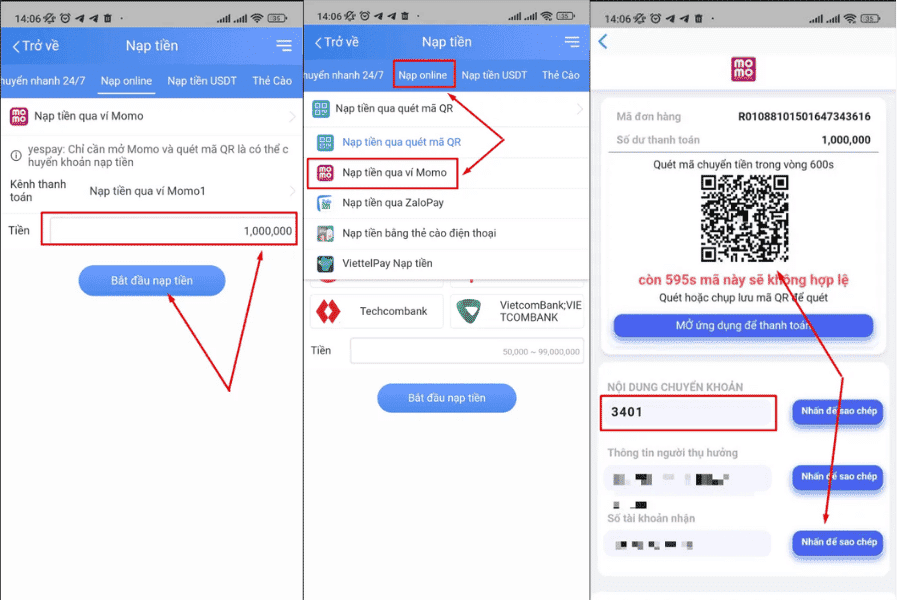 Nạp tiền qua ví điện tử